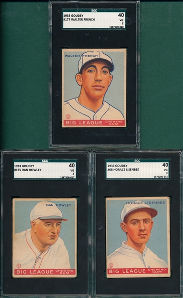 1933 Goudey #68 Lisenbee, #177 French & #175 Howley, Lot of (3) SGC 40
