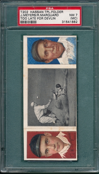 1912 T202 Too Late For Devlin, Marquard/Meyers, Hassan Cigarettes, PSA 7 (OC)