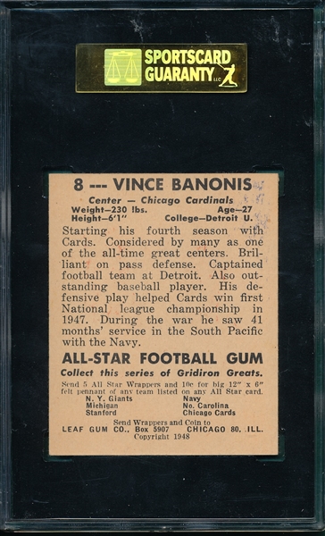 1948 Leaf FB #8 Vince Banonis SGC 86 *Black Letters*