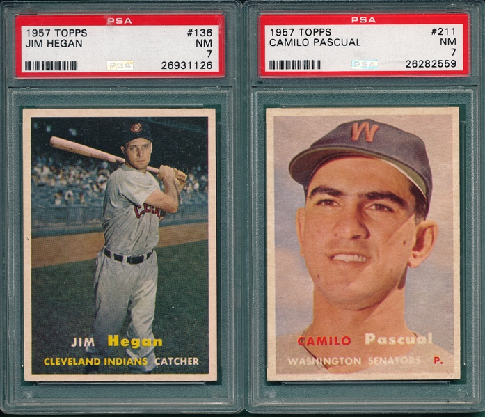 1957 Topps #136 Hegan & #211 Pascual, Lot of (2), PSA 7