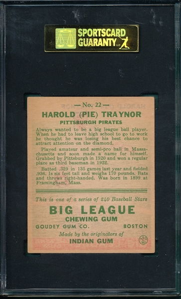 1933 Goudey #22 Pie Traynor SGC 80