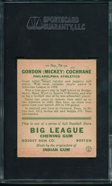 1933 Goudey #76 Mickey Cochrane SGC 60