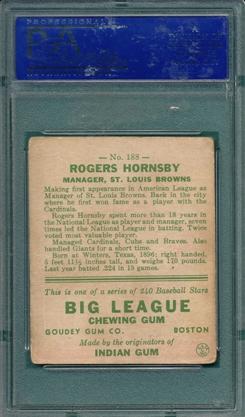 1933 Goudey #188 Rogers Hornsby PSA 3