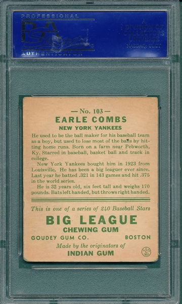 1933 Goudey #103 Earle Combs PSA 5