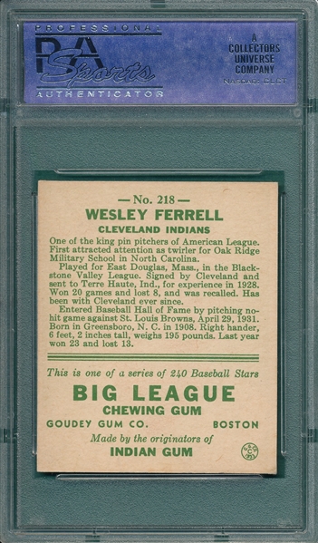 1933 Goudey #218 Wesley Ferrell PSA 7