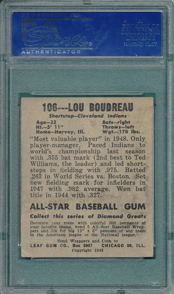 1948-49 Leaf #106 Lou Boudreau PSA 4