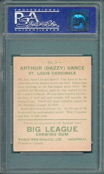 1933 V353 #2 Dazzy Vance Goudey World Wide Gum PSA 6