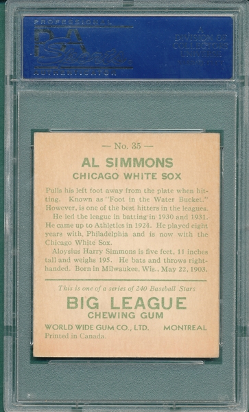 1933 V353 #35 Al Simmons Goudey World Wide Gum PSA 6