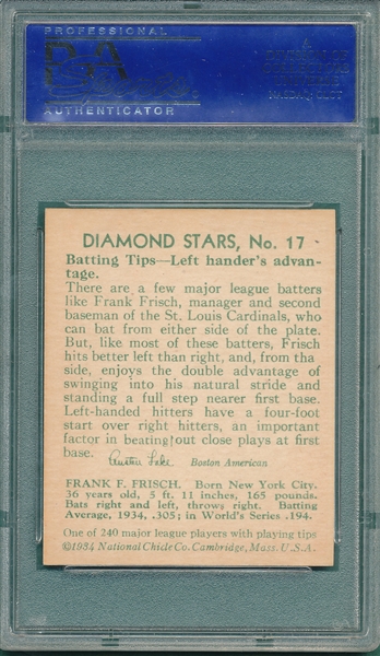 1934-36 Diamond Stars #17 Frankie Frisch PSA 9 (OC)