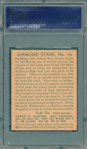 1934-36 Diamond Stars #30 Heinie Manush, W On Sleeve, PSA 7.5