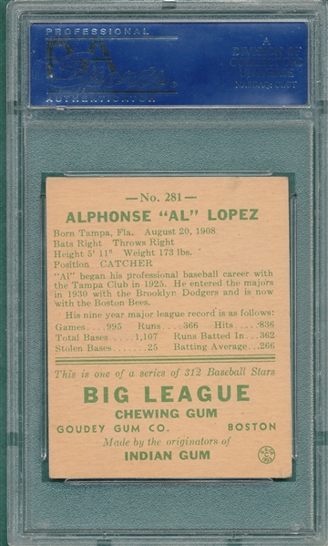 1938 Goudey #281 Al Lopez PSA 5