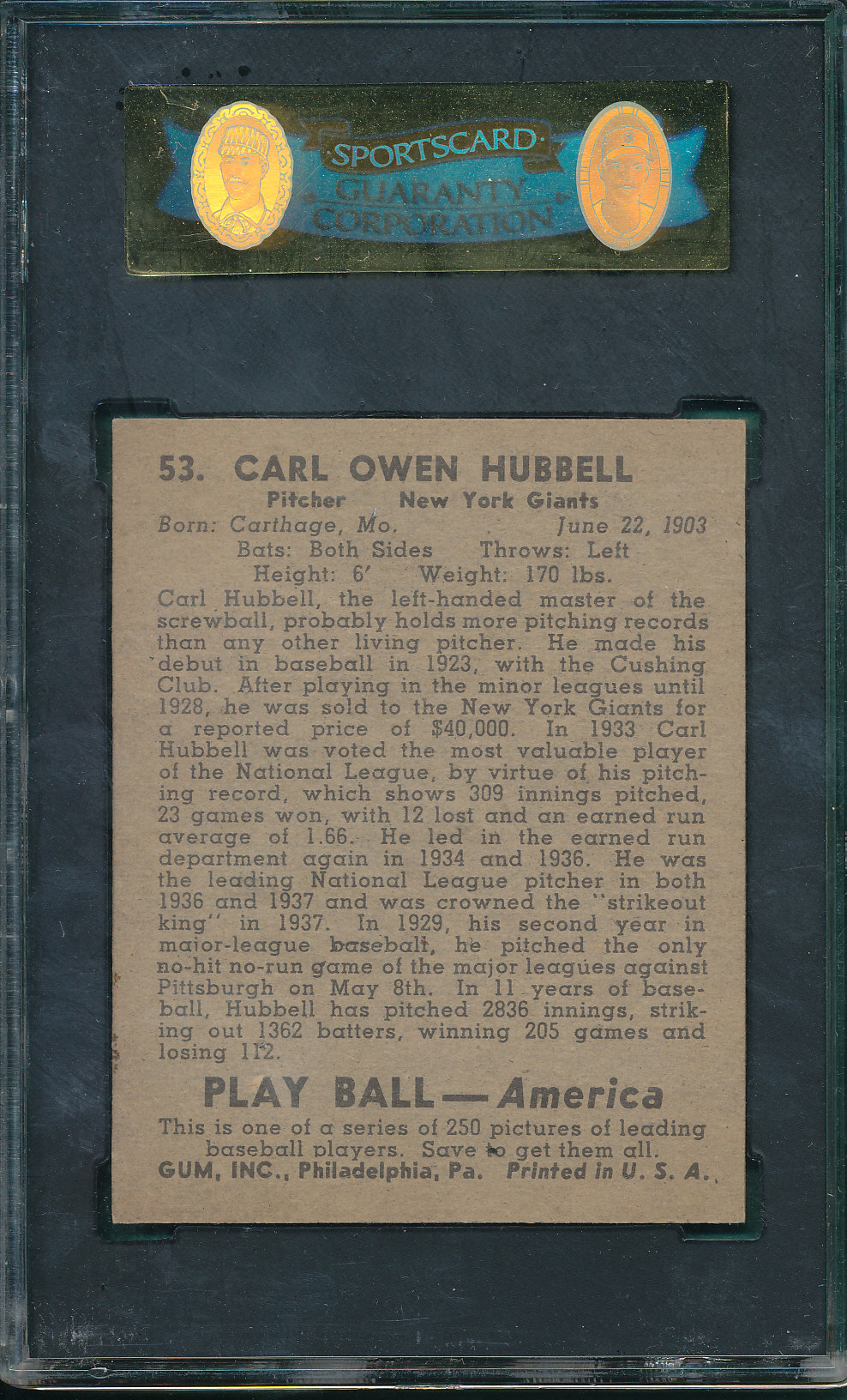 Lot Detail - 1939 Play Ball #53 Carl Hubbell SGC 84