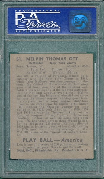 1939 Play Ball #51 Mel Ott PSA 6