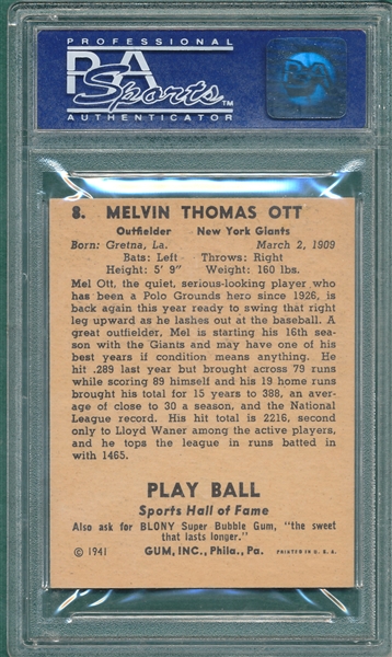 1941 Play Ball #8 Mel Ott PSA 8