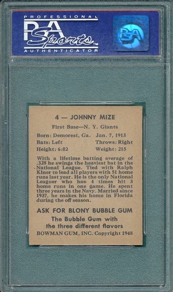 1948 Bowman #4 Johnny Mize PSA 8