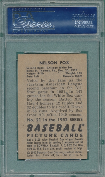 1952 Bowman #21 Nelson Fox PSA 8