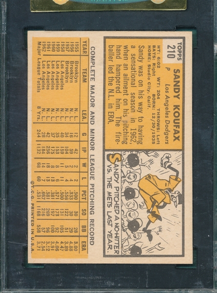 1963 Topps #210 Sandy Koufax SGC 88