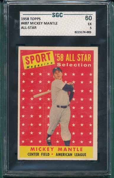 1958 Topps #487 Mickey Mantle, AS, SGC 60