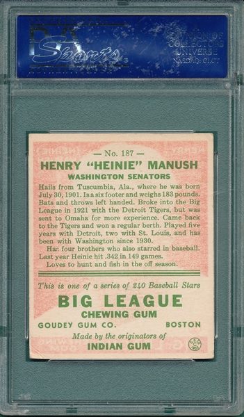 1933 Goudey #187 Heinie Manush PSA 5