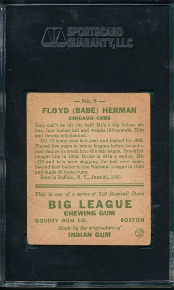 1933 Goudey #5 Babe Herman SGC 50