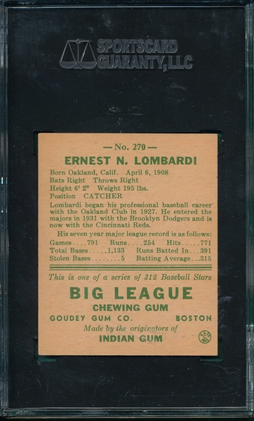 1938 Goudey #270 Ernie Lombardi, Reds, SGC 80
