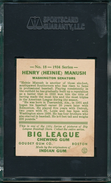 1934 Goudey #18 Heinie Manush SGC 84