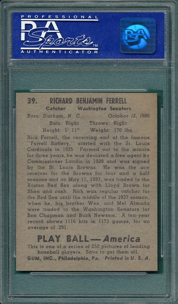 1939 Play Ball #39 Rick Ferrell PSA 8
