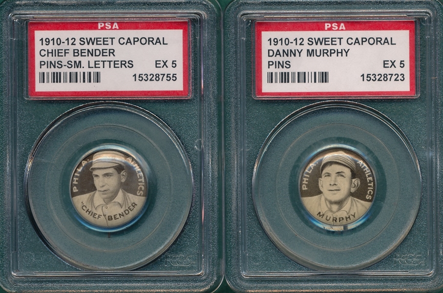 1910-12 P2 Pins Murphy & Bender, Sm Letters, Sweet Caporal Cigarettes, Lot of (2) PSA 5