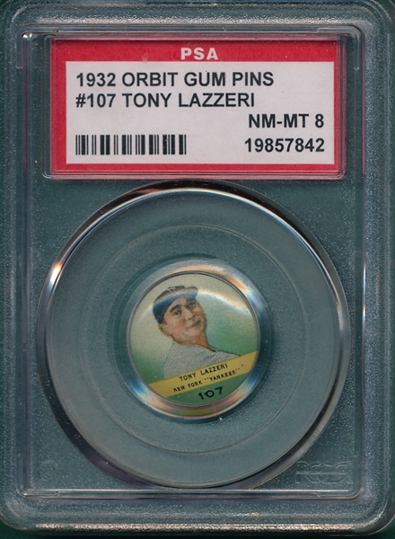 1932 Orbit Gum Pins #107 Tony Lazzeri PSA 8