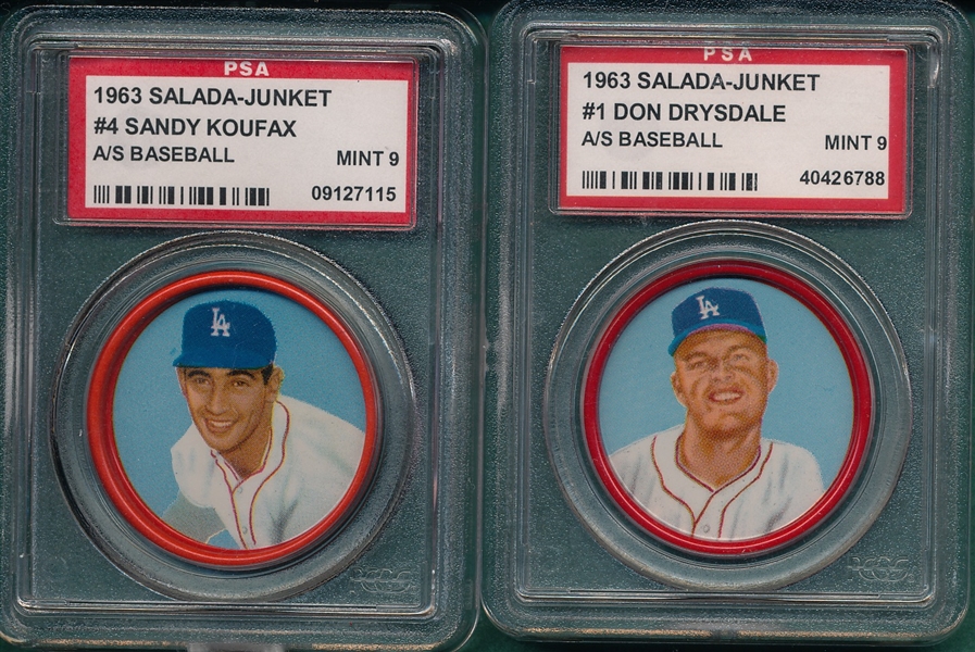 1963 Salada-Junket All-Star Baseball Drysdale & Koufax, Lot of (2) PSA 9 *MINT*
