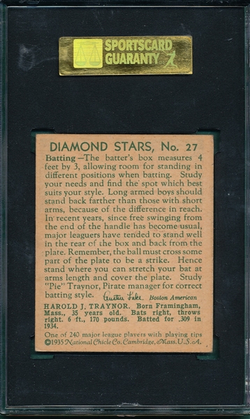 1934-36 Diamond Stars #27 Pie Traynor SGC 70