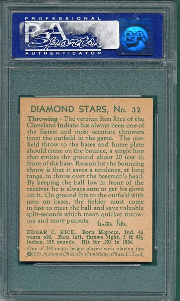 1934-36 Diamond Stars #32 Sam Rice PSA 8