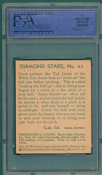 1934-36 Diamond Stars #43 Ted Lyons PSA 6