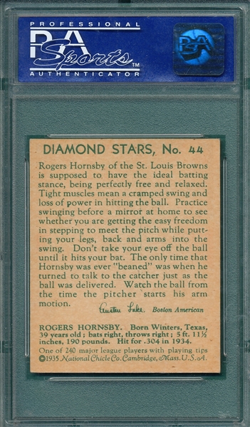 1934-36 Diamond Stars #44 Rogers Hornsby PSA 7