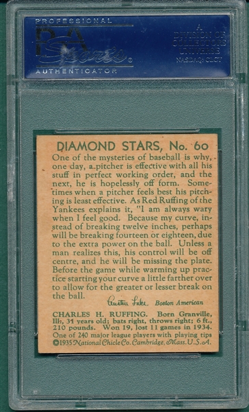 1934-36 Diamond Stars #60 Red Ruffing PSA 6