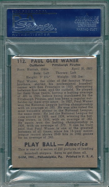 1939 Play Ball #112 Paul Waner PSA 8