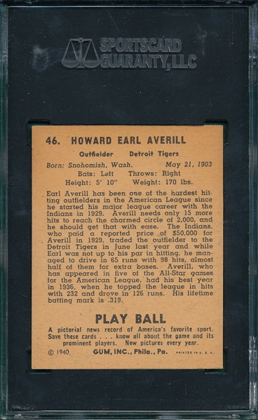 1940 Play Ball #46 Earl Averill SGC 80