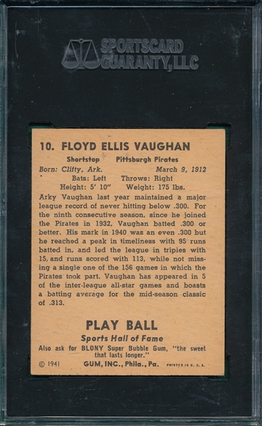 1941 Play Ball #10 Arky Vaughn SGC 60