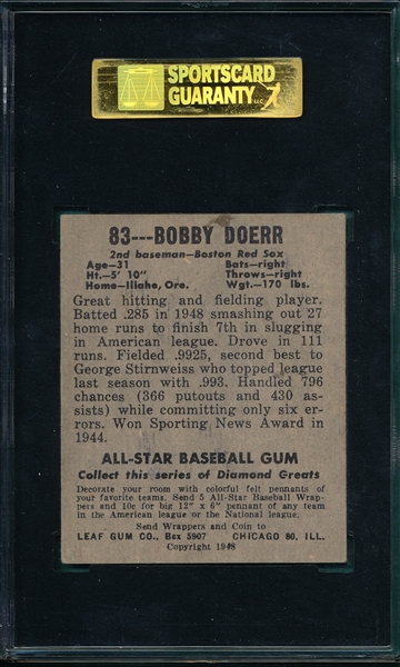 1948-49 Leaf #83 Bobby Doerr SGC 60