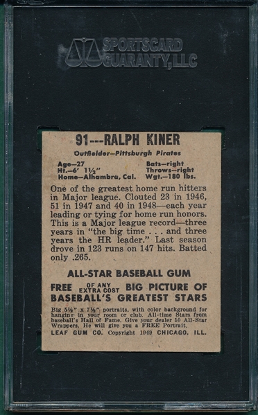 1948-49 Leaf #91 Ralph Kiner SGC 80 *Rookie*