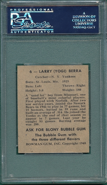 1948 Bowman #6 Yogi Berra PSA 5 (MC) *Rookie*