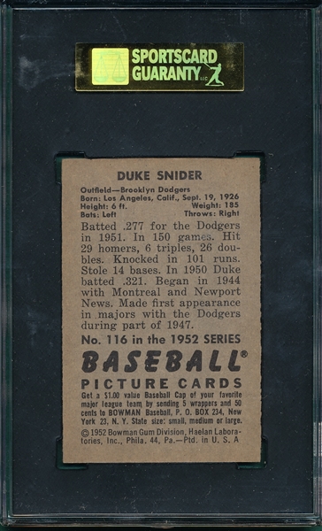 1952 Bowman #116 Edwin Duke Snider SGC 88