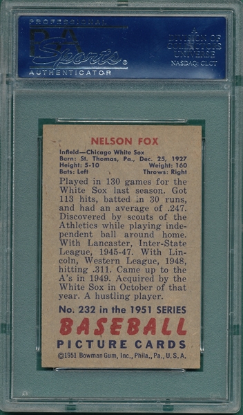 1951 Bowman #232 Nelson Fox PSA 6 *Rookie*