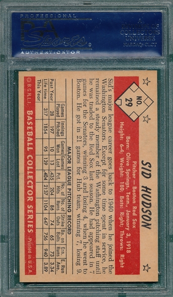 1953 Bowman B & W #29 Sid Hudson PSA 8