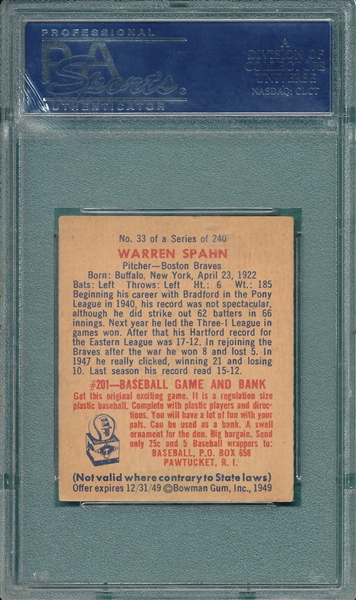 1949 Bowman #33 Warren Spahn PSA 5