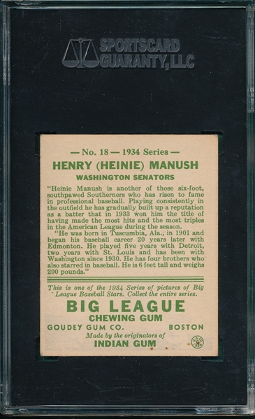 1934 Goudey #18 Heinie Manush SGC 80