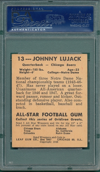 1948 Leaf FB #13 Johnny Lujack, Spelled Correct, PSA 6 *Rookie*