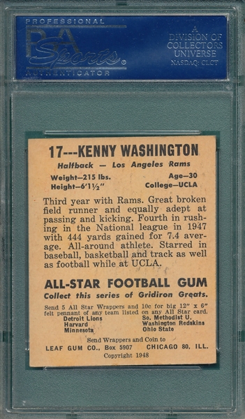 1948 Leaf FB #17 Kenny Washington, Black Name, PSA 7 (OC)