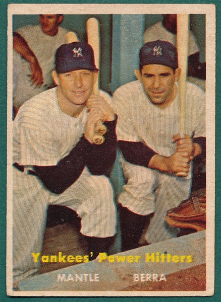 1957 Topps #407 Yankees Power Hitters W/ Berra & Mickey Mantle 