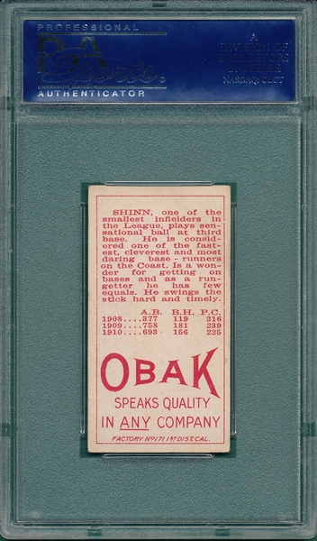 1911 T212-3 Shinn Obak Cigarettes PSA 4